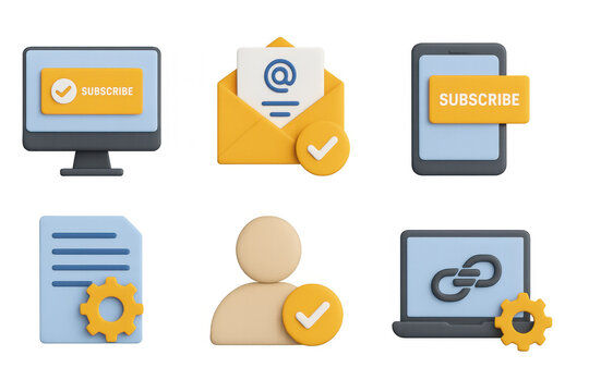 Colorful 3d icon set featuring email, subscription, and settings