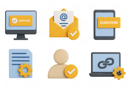 Colorful 3d icon set featuring email, subscription, and settings
