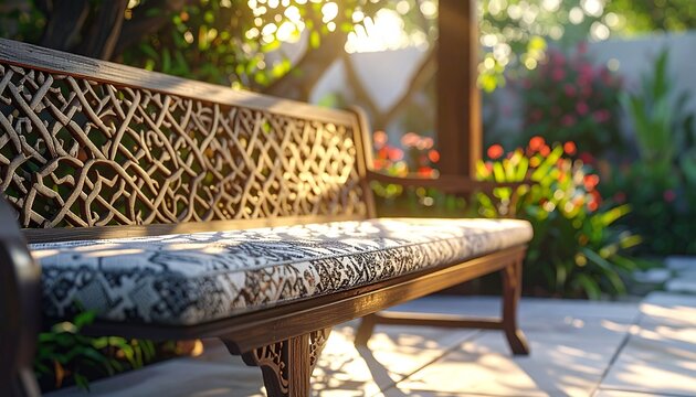 Pattern-drenched bench with radiant lattice designs, serene patio, intricate textiles, ethereal allure, crisp details for modern decor