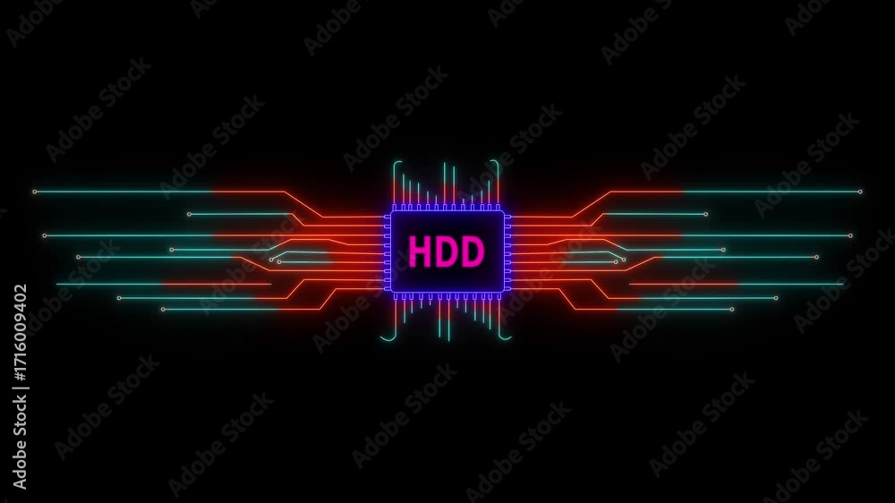 Poster neon circuit board hdd text animation. neon tech colorful for digital interfaces. 4k video