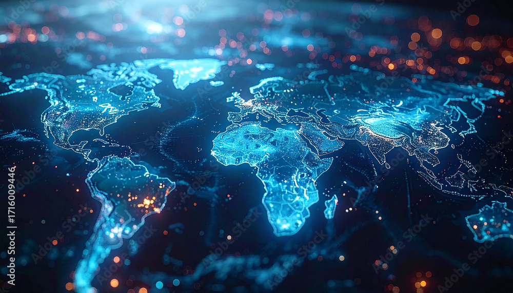 Aufkleber global network connections: the image presents a vibrant visual of the world map, intricately overla