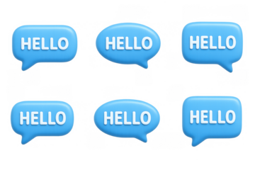 Blue speech bubbles with hello text in various angles on a black background