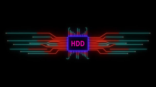 Neon Circuit board HDD text animation. Neon Tech Colorful for Digital Interfaces. 4k video