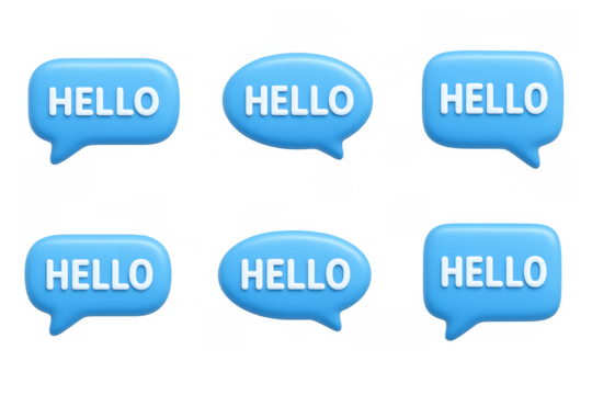 Blue speech bubbles with hello text in various angles on a black background - Powered by Adobe