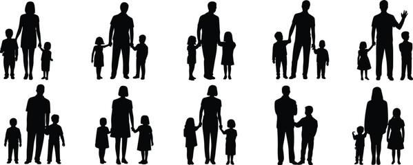 Silhouette of Parents with Children, Family Figures, Parenting Concept, Happy Family Moments, Togetherness, Isolated on White Background Vector