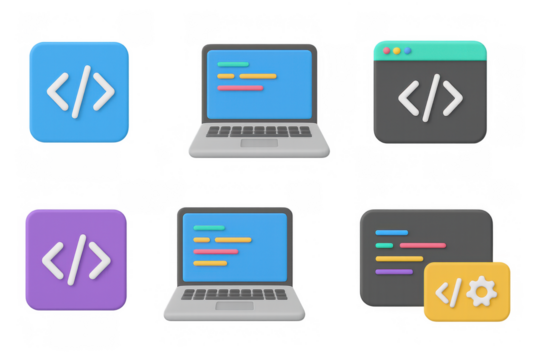 Flat style coding and programming icons for web development