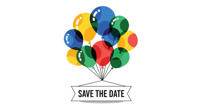 Colorful balloons floating above a 'Save the Date' banner perfect for party invites weddings or special events creating anticipation and joy, Generative AI.