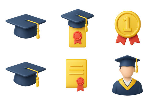 3d graduation and achievement icons set with cap, diploma, and medal