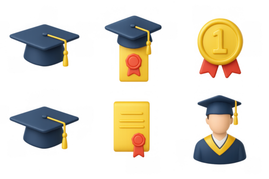 3d graduation and achievement icons set with cap, diploma, and medal - Powered by Adobe