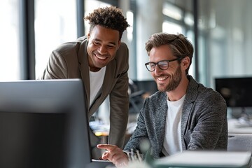 Two colleagues collaborating on a computer project in an office setting.