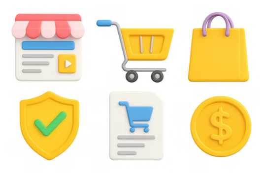 Colorful 3d icons for online shopping and e-commerce design - Powered by Adobe