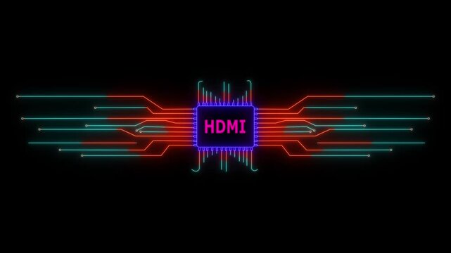 Neon Circuit board HDMI text animation. Neon Tech Colorful for Digital Interfaces. 4k video