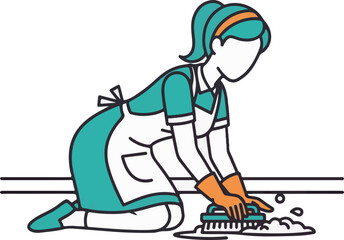 Woman Kneeling and Scrubbing Floor with Cleaning Brush