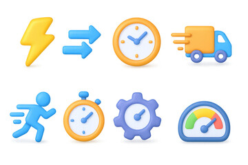 3d fast delivery and speed icons with clock and gear elements