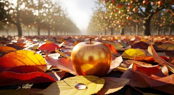 Golden Apples on Ground in Autumn | Fallen Fruit Nature Background