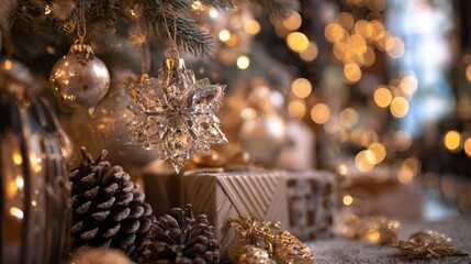Festive christmas decorations with pinecones ornaments and golden lights