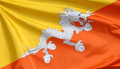 Bhutan’s flag with yellow-orange diagonal split and white dragon holding jewels—symbolizing purity, protection, and the mythic choreography of spiritual and royal authority.