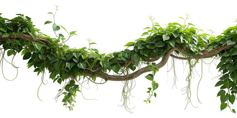 Dense green foliage with hanging vines on a thick jungle branch isolated on a plain white background