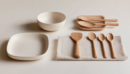Simple White Ceramic Bowls and Wooden Utensils on a Light Tablecloth.