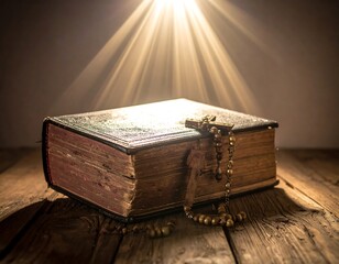 Aged bible and rosary under light