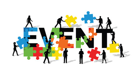 Dynamic event planning concept with diverse team building strategy using colorful puzzle pieces to spell out event representing collaboration, Generative AI.