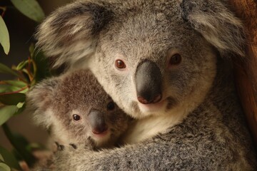 Fototapeta premium Heartwarming Duo: Mother Koala and Her Adorable Baby in Scenic Queensland