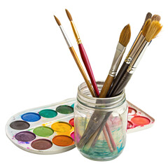 Watercolor paint set with brushes in a jar for creative artistic projects and vibrant color designs