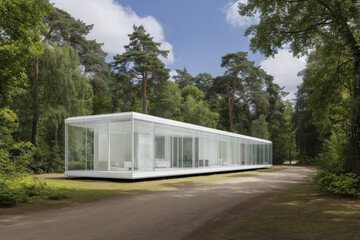 Obraz premium automated production line creates modular homes with transparent walls reflecting modern living