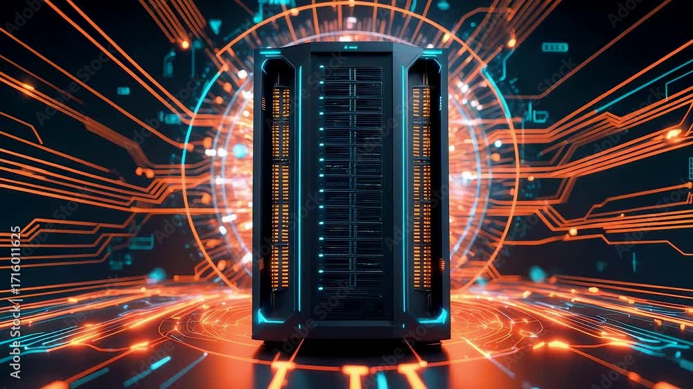 Aufkleber high tech server tower with glowing neon circuits and digital energy connections in futuristic data 