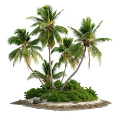 Tropical island with lush palm trees and vibrant green foliage in a serene paradise setting