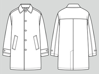 Macintosh trench coat. Men's casual clothing. Vector technical sketch. Mockup template.
