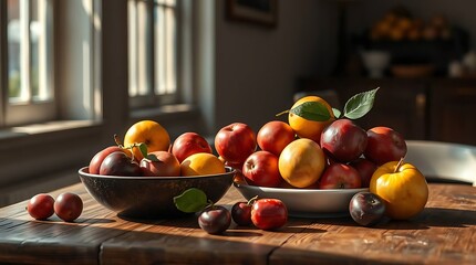 An ultra-realistic, meticulously detailed still life of a bowl of ripe fruit on a rustic wooden table, captured in a sunlit room, with no people present