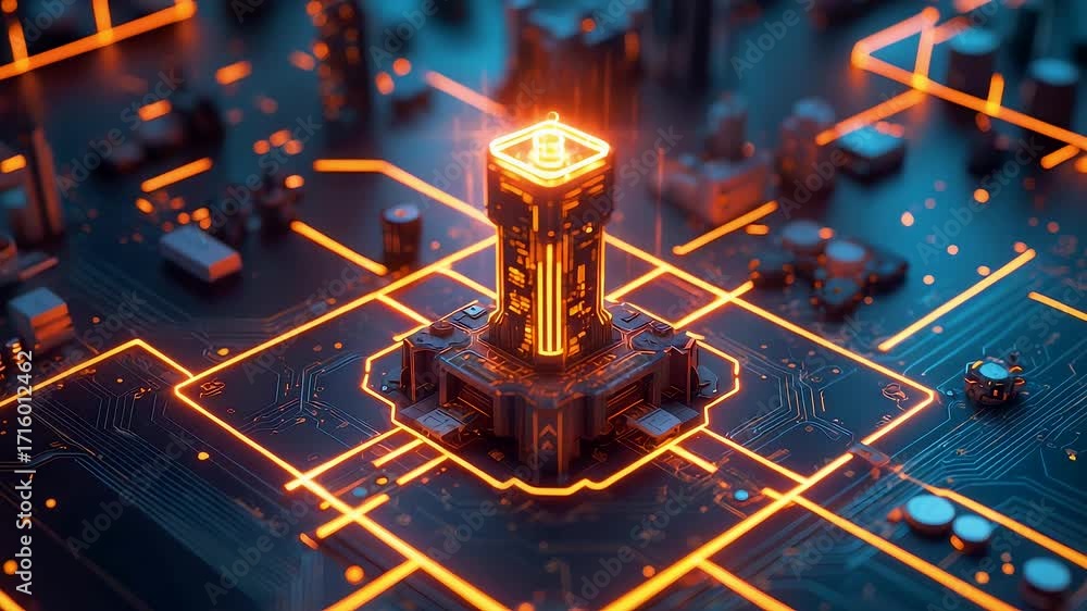 Poster glowing digital processor tower on electronic motherboard with neon orange circuits showing advanced