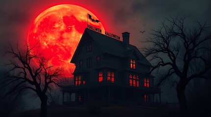 Ultra-realistic depiction of a haunted house, silhouetted against a blood-red moon, with gnarled trees and glowing windows, evoking a sense of dread on Halloween