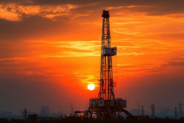 Obraz premium Dramatic Sunset Over Oil and Natural Gas Drilling Rig. Industrial Power Equipment Against a Colorful Sky