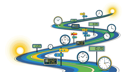 Colorful timeline road with clocks and signs pointing to different times perfect for project management or business strategy concepts, Generative AI.