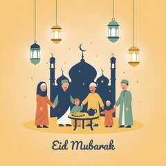 Joyful Muslim family celebrating the festive holiday of Eid together in a flat design illustration with a mosque and lanterns