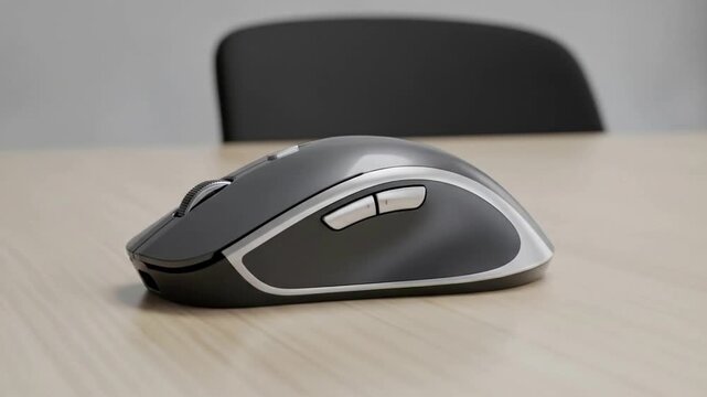 Wireless computer mouse resting on a wooden desk surface indoors.