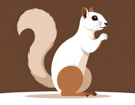 A stylized illustration of a white squirrel standing upright, holding its paws near its chest, with a bushy tail against a brown background.