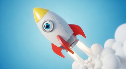 Cute cartoon rocket with big eye launching into blue sky