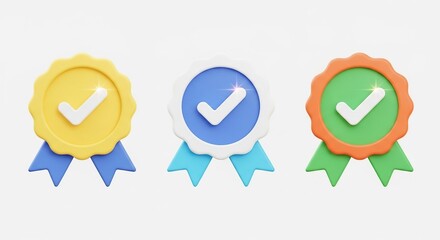 Three colorful achievement badges with checkmarks isolated on white background