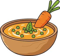 Cartoon Vector of Creamy Carrot Pea Soup in Wooden Bowl with Whole Carrot and Leaf Garnish for Healthy Vegan Food Design