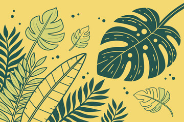 Tropical green leaf pattern on bright yellow background abstract vector