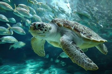 Obraz premium Oversized Green Turtle Swimming in an Aquarium Surrounded by Schools of Colorful Fish