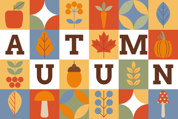 Horizontal autumn banner with simple icons of leaves, vegetables, berries and geometric shapes. Cute and cozy autumn mosaic background in trendy style.