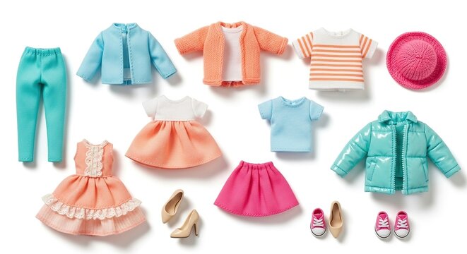 Assorted childrens clothing and accessories isolated on white background