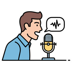 Man speaking into microphone recording audio podcast.