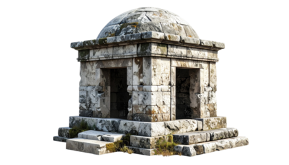 Ancient stone tomb or burial chamber with a large stone lid showing a historical burial site isolated on solid white background Png form