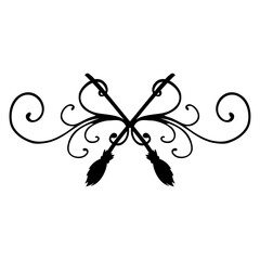 Logo con silueta de escobas de bruja cruzadas con filigrana caligráfica. Silueta con florituras para tarjetas y felicitaciones de Halloween © teracreonte