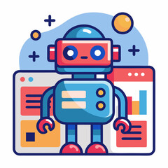 Fototapeta premium Friendly robot character interacting with digital interfaces and data visualization